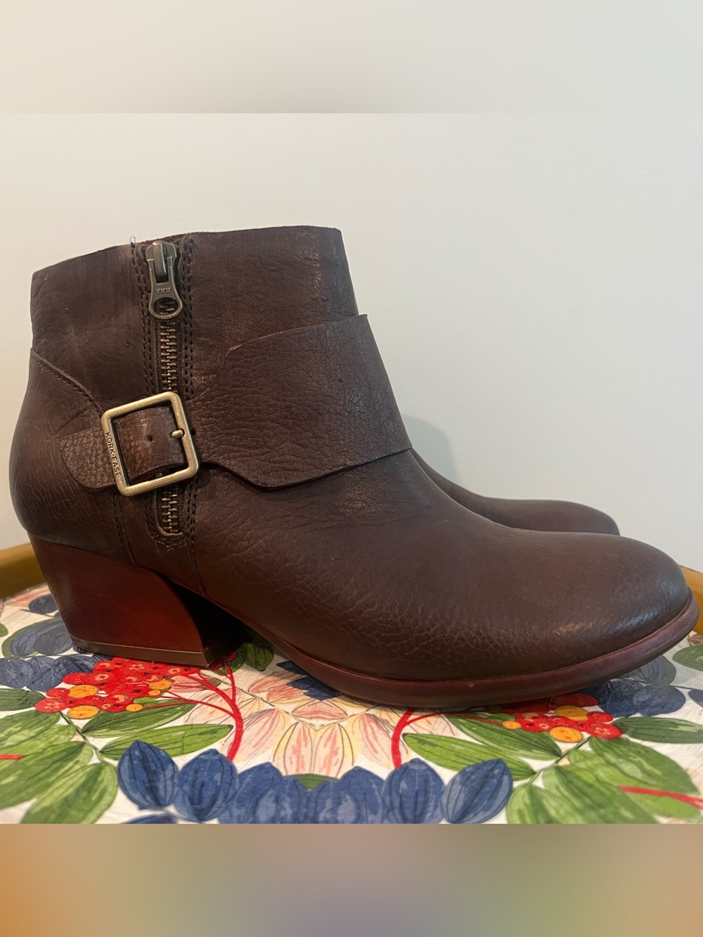 Kork-Ease Dark Brown Leather Ankle Booties with Buckle Detail